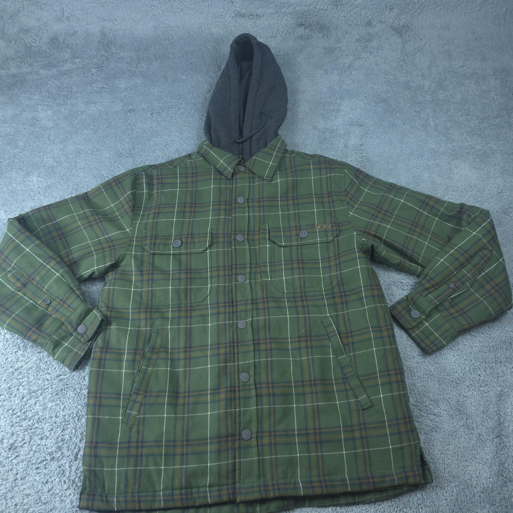 Drake Shirt Jacket Mens Medium Green Plaid Flannel Hooded Quilted Snap Front